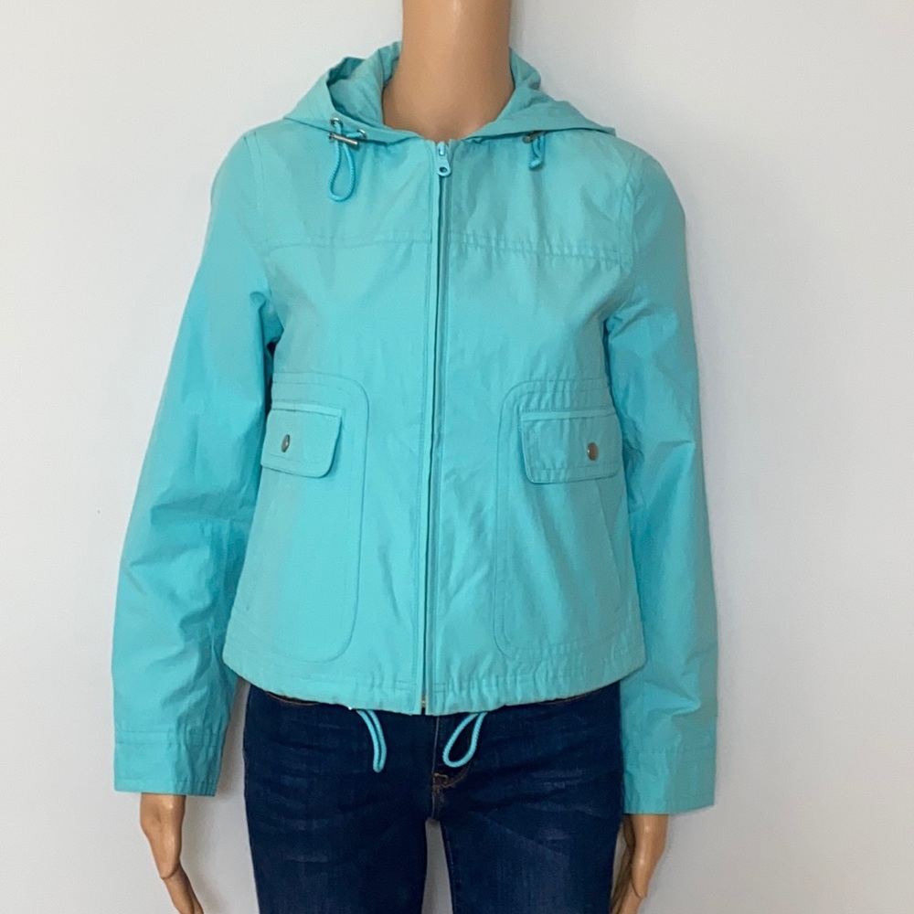 Talbots women's sz xs windbraker jacket zip front hoodie petite blue